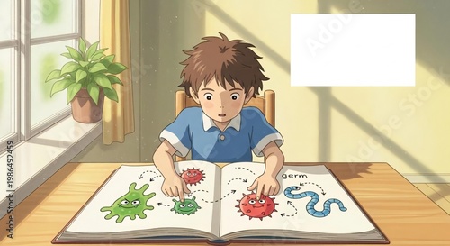 Curious Child Exploring Germs and Microorganisms in a Book
