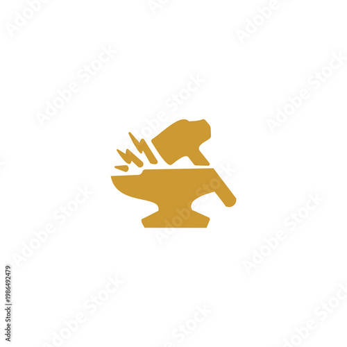 A solid golden-yellow silhouette of a blacksmith's anvil being struck by a hammer. Stylized sparks or lightning bolts emerge from the point of impact, symbolizing craftsmanship, strength, industrial w