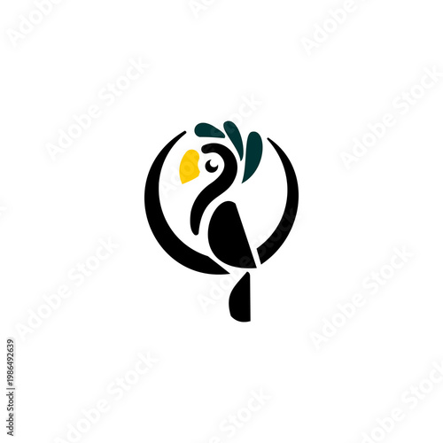 This minimalist vector logo features a stylized silhouette of a toucan bird perched within a circular frame.