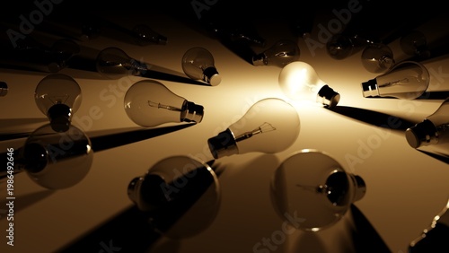 Canvastavla One Glowing Light Bulb Shining Brightly Among Many Dark Bulbs