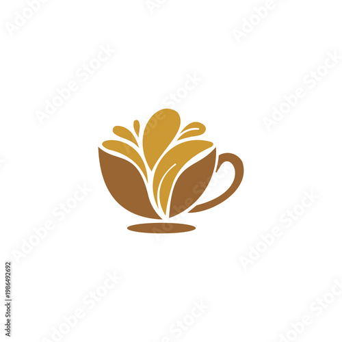 This minimalist vector logo features a stylized brown coffee cup filled with dynamic, golden-yellow splashes.