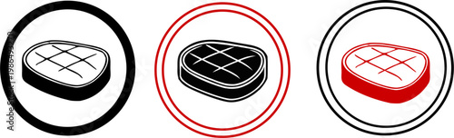 Grilled Beef Steak Meat Cut on Plate Vector Icon Set, Three Circular Variations in Black and Red Featuring Solid and Outline Styles