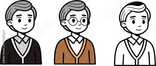 Smiling Senior Citizen Elderly Man Avatar Vector Icon Set, Grandfather Portrait Character Collection Featuring Outline, Glasses, and Flat Color Styles