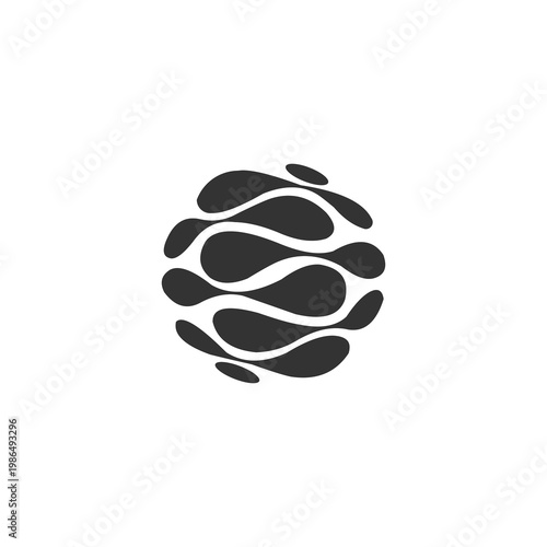 A sleek and modern abstract logo rendered in solid charcoal gray against a white background. The design is composed of multiple fluid, teardrop-shaped segments that interlock to form a spherical shape