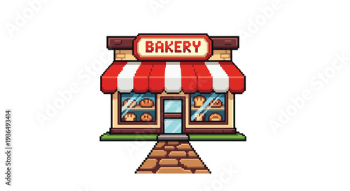 This pixel art vector showcases a charming bakery store with a red and white awning, display windows full of bread, and a stone path.