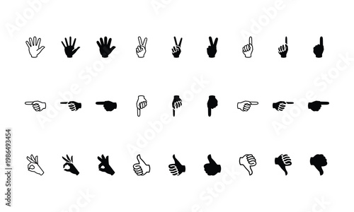 Hand Gesture Icons Set with Pointing Thumbs Up Down Victory and OK Signs