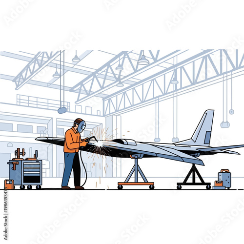 Aircraft construction: Welder working on airplane fuselage in hangar