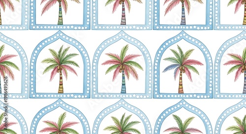 Watercolor repeat pattern of colorful palm trees framed by blue Moorish arches, white background