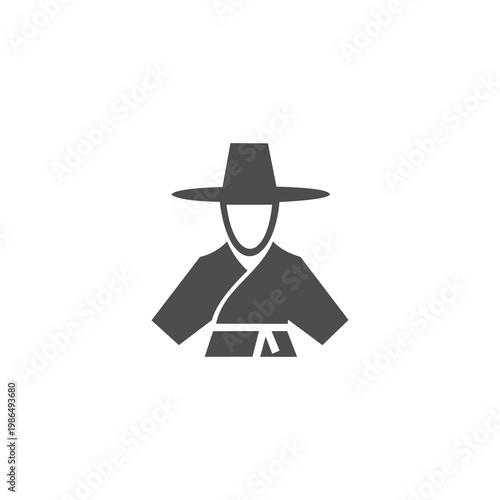 A minimalist vector icon depicting the upper body and head of a figure wearing traditional Korean attire, specifically a Hanbok and a Gat (traditional hat).