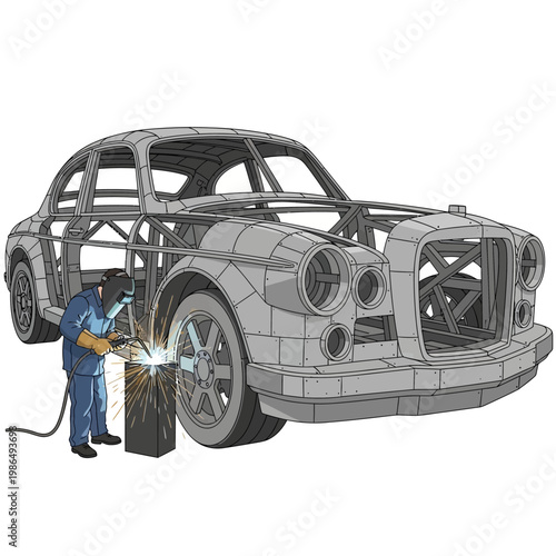 Automotive welding: craftsman building car chassis frame with sparks