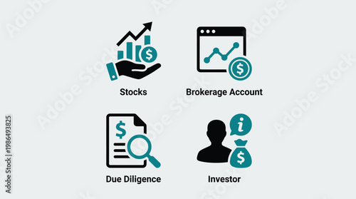 Financial Investment Icons Set, Business Stock Market Symbols, Brokerage Account, Due Diligence, Investor