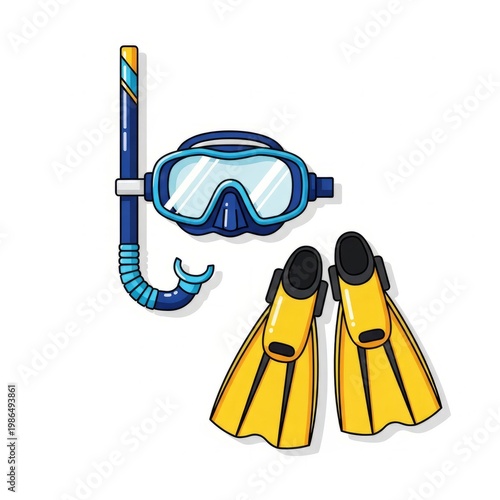 Snorkeling gear flat vector illustration isolated on white background. Diving mask, snorkel, and fins suitable for travel, summer, and underwater activity themes.