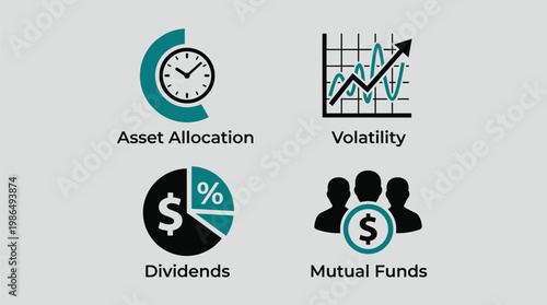Financial icons set, asset allocation, volatility, dividend, mutual funds, investment and business concept, colorful style, EPS vector