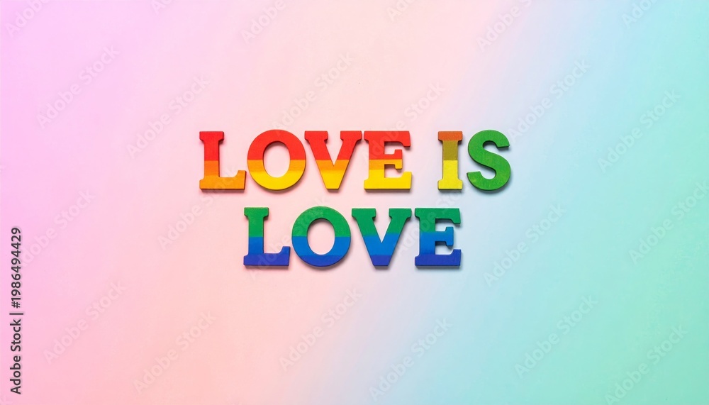 Fototapeta premium Love is Love Rainbow Text on Gradient Background.