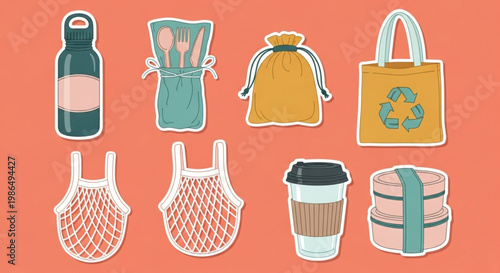 Eco-friendly reusable items for a sustainable lifestyle, including bags, water bottles, and containers