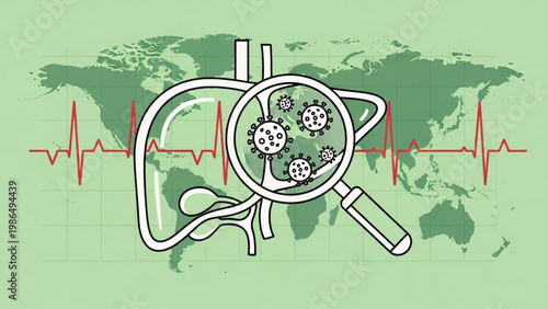 World Hepatitis Day Liver Disease Monitoring Medical Illustration of Viral Infection within the Human Organ, Emphasizing Worldwide Health Challenges and Diagnostic Efforts Against Hepatic Pathogens