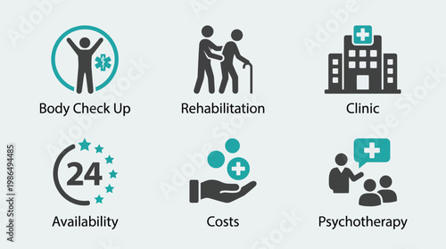 Medical Healthcare Services Icons Set, Vector EPS, Flat Style, Blue and Grey Colors, Healthcare Concept