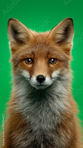 Close-up portrait of a red fox with a green screen background, showcasing its orange fur and gray neck.