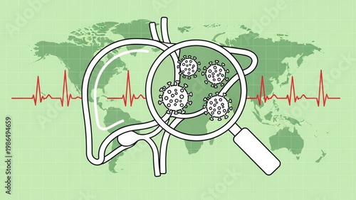 World Hepatitis Day Abstract illustration of liver health and viral infection detection with electrocardiogram and world map background