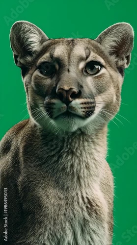 Close-up portrait of a cougar with a green background, looking directly at the camera with alert expression.