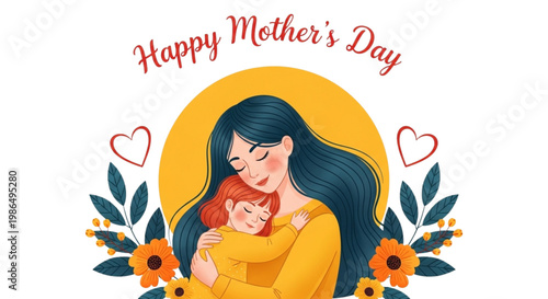 Happy Mother's Day Loving Mother Embracing Child Illustration Family Celebration Greeting Card Web Banner