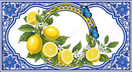 Vibrant Lemon Slice Border with Butterflies for Summer Refreshment Branding and Mediterranean Decor
