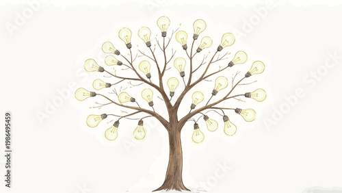 Hand-Drawn Colored Pencil Illustration of a Conceptual Tree Bearing Glowing Light Bulbs as Fruit, Symbolizing Collective Creativity and New Ideas