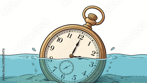 A vintage brass pocket watch half submerged in shallow blue water at the riverbed, an illustrated conceptual artwork about passing time and sinking