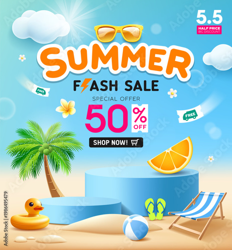 Summer flash sale blue podium display, Duck yellow shaped inflatable ring, coconut trees, beach bed on island beach poster design, cloud and sky on blue background