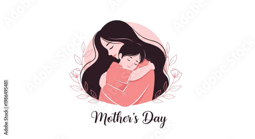 Loving Mother Hugging Child Warmly for Mother's Day Greeting Card, Website Banner, Social Media Post