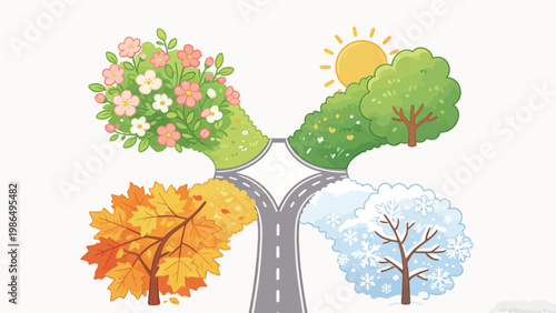 A Creative Illustrated Lungs Shape Made with a Road and Four Seasonal Landscapes, Showing Spring, Summer, Autumn and Winter Vegetation, Watercolor Style Flat Illustration