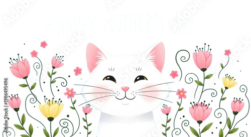 Cute White Cat Peeking Through Spring Flowers for Greeting Cards and Easter Designs