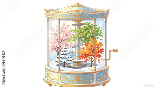 Ornate Hand-Cranked Glass Enclosure Displaying Four Seasons of Nature: Spring Cherry Blossoms, Summer Foliage, Autumn Maple, and Winter Snow-Covered Evergreen, Whimsical Illustration Art