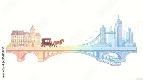 The Evolution of Urban Transportation and City Development: Gradient Rainbow Bridge Connecting Historic Old European Architecture with a Horse-Drawn Carriage and Modern Futuristic City Skylines