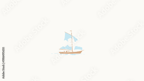 Minimalist Watercolor Illustration of a Sailing Vessel with Sky and Cloud Patterned Sails Gliding Across Calm Open Water