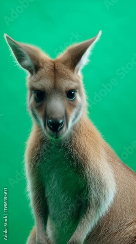 Close-up portrait of a kangaroo looking directly at the camera against a solid green background with natural lighting.
