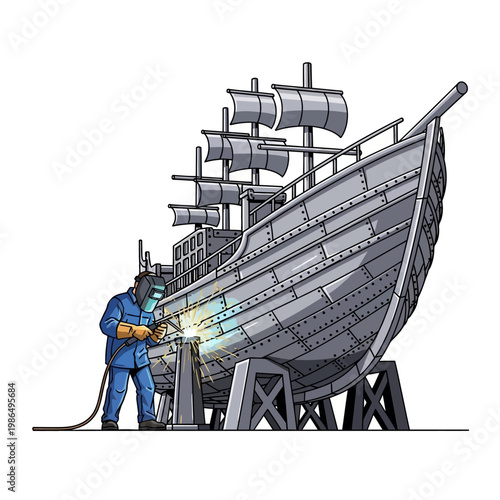 Shipbuilding: Welder working on a large metal ship hull on dry dock