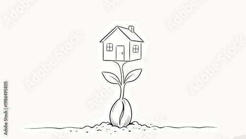 Hand Drawn Black and White Line Art Illustration of a House Growing From a Sprouted Seed, Metaphor for Growing Home Equity, Real Estate Investment and Property Development