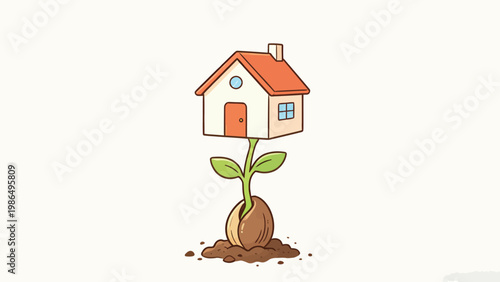Whimsical Cartoon Illustration of a Small House Growing From a Sprouting Seed, Depicting the Concept of Growing Real Estate, Affordable Housing and Property Development, Plain Clean Background