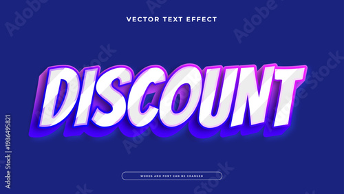Dynamic italic discount text effect with white face and glowing purple neon outlines on a blue background