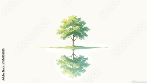 Solitary Green Tree on a Small Waterfront Landmass, with Soft Symmetrical Reflection in Calm Still Water, Minimalist Watercolor Illustration with Gentle Serene Mood