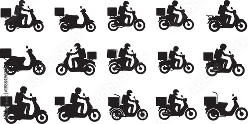 Motorcycle delivery riders in various silhouetted poses