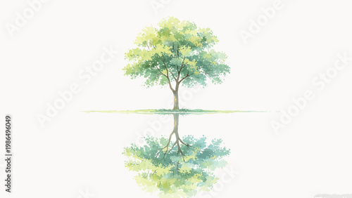 Watercolor Minimalist Painting of a Lone Leafy Green Tree Standing on a Calm Waterbank, With Its Reflection Forming an Illusion of Deep Reaching Roots on Still Water