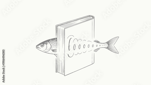 Surreal Minimalist Ink Drawing Conceptual Art of a Fish Passing Through a Closed Hardcover Book, With Visible Fish Outline on the Book Cover