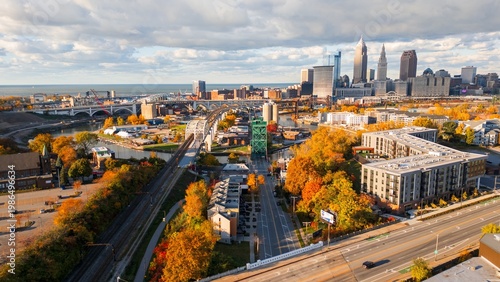 Panorama of city skyline in the fall with colorful foliage