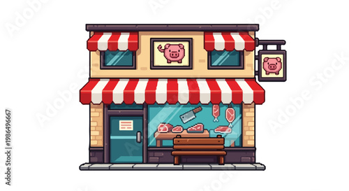 This pixel-art butcher shop features red and white striped awnings, displays various meat cuts in its window, and showcases a cute pig icon on signs.