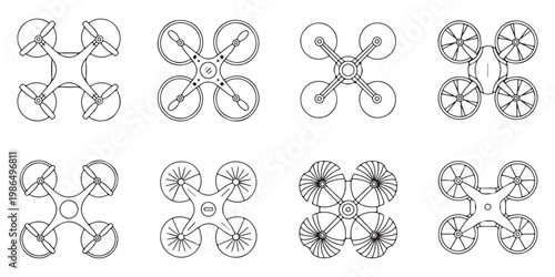 Modern drone icons set with different top view quadcopter designs featuring propeller guards and sleek body shapes.