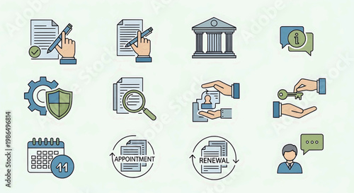 Set of flat design icons representing business, finance, and legal services including documents, security, and communication