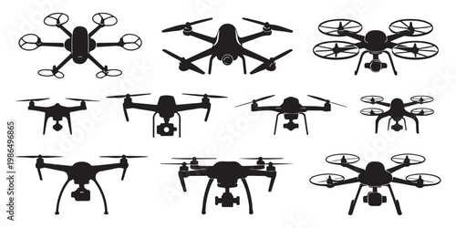 Professional uav silhouettes set including hexacopter and quadcopter models with advanced camera mounting systems.