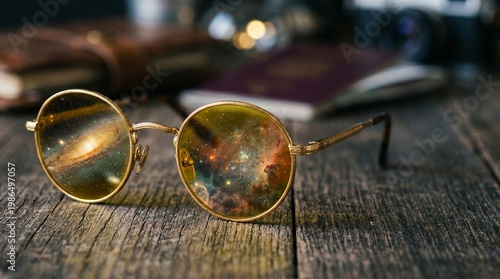 Wallpaper Mural Vintage Glasses Reflecting Stars on a Wooden Table, Artistic Photography, Indoor, Close-Up Perspective Torontodigital.ca
